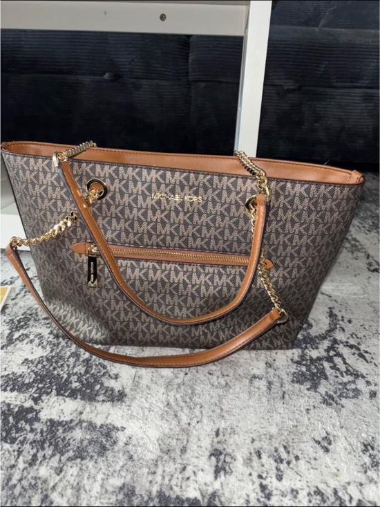Michael Kors Handbags - Michael Kors Brown MK Logo Tote with Gold Chain Handles